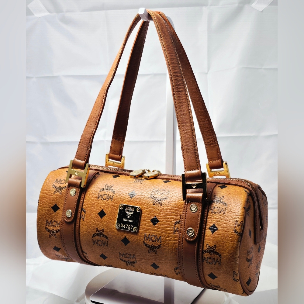 MCM Visetos Monogram Leather Barrel Shoulder Bag in Cognac Brown